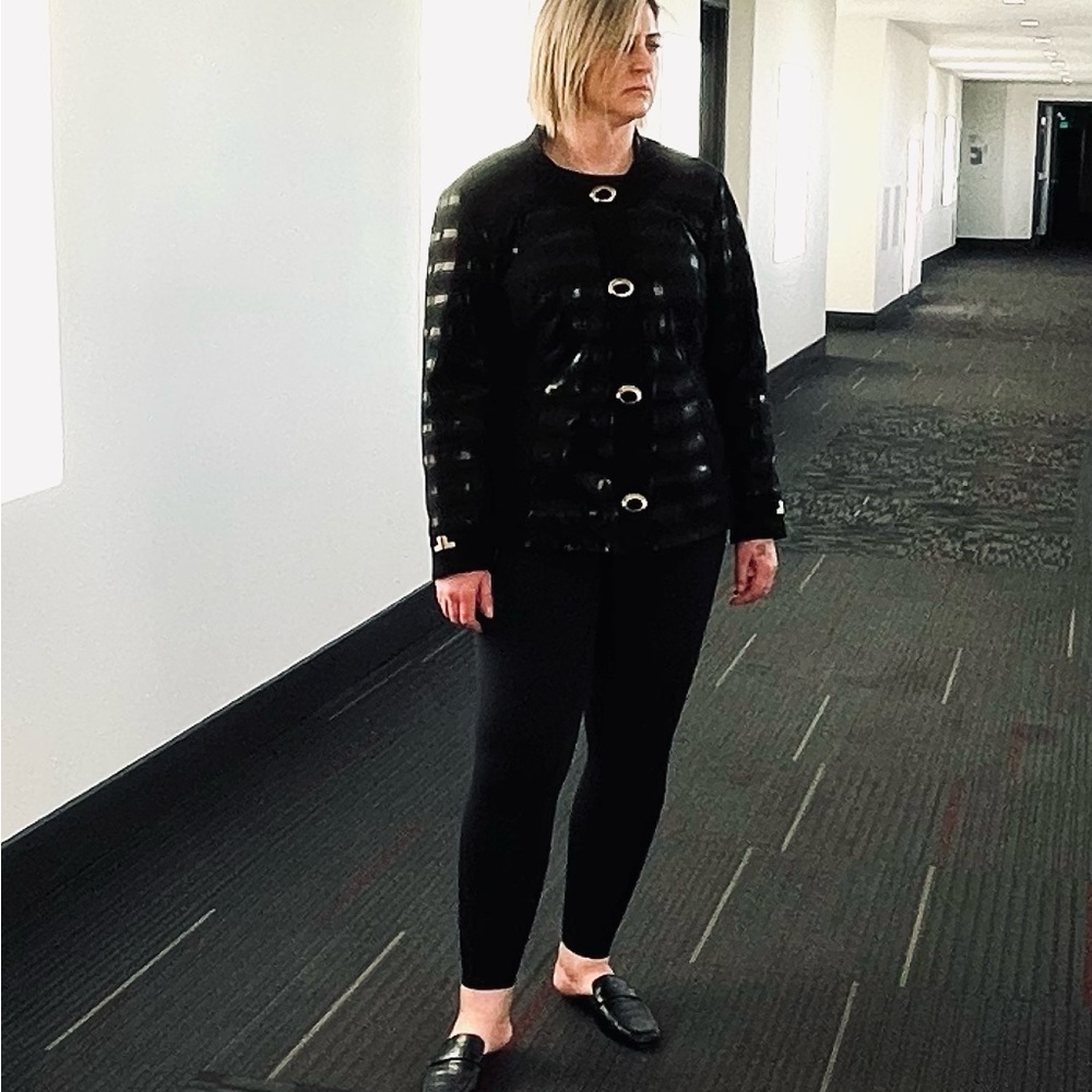 Women’s black k fabric jacket, black collarless jacket, luxury fabric jacket